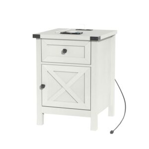 Farmhouse Nightstand with Charging Station, White Side Table, Rustic End Table with Barn Door and Drawer, Rustic Floating Nightstands Modern Bed Side Table Night Stand for Bedroom and Living Room