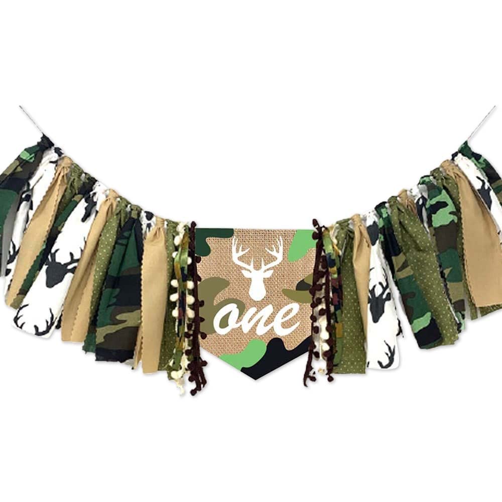 XCKALI Jungle Hunting High Chair Birthday Theme Banner 1st Birthday High Chair One Banner Camouflage Decoration High Chair Party Baby Shower Banner