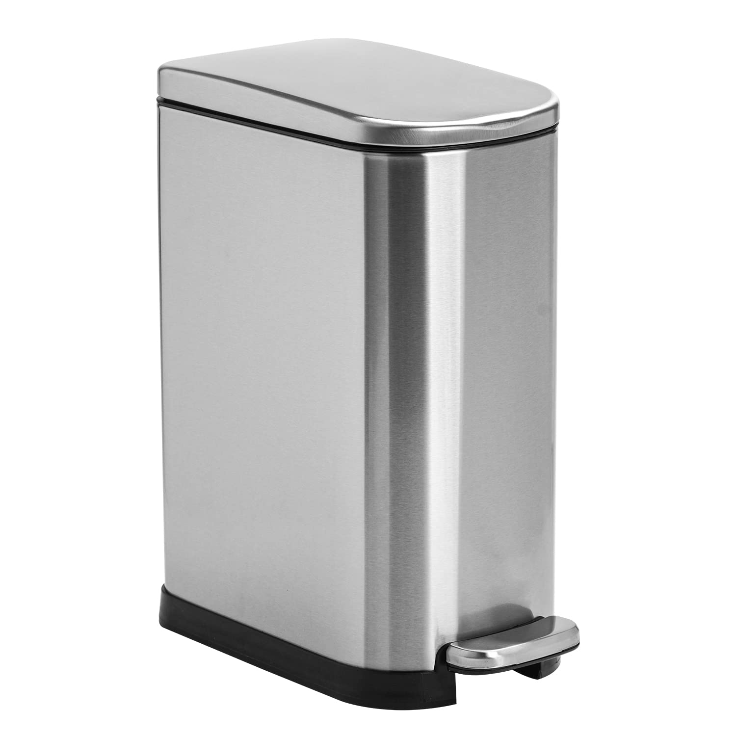 Small Bathroom Trash Can with Lid-10L/2.6 Gal Stainless Steel Garbage Can-Slim Metal Wastebasket-Rectangle Step Garbage Container Bin for Narrow Office, Kitchen, Bedroom, Toilet-Soft Close-Silver