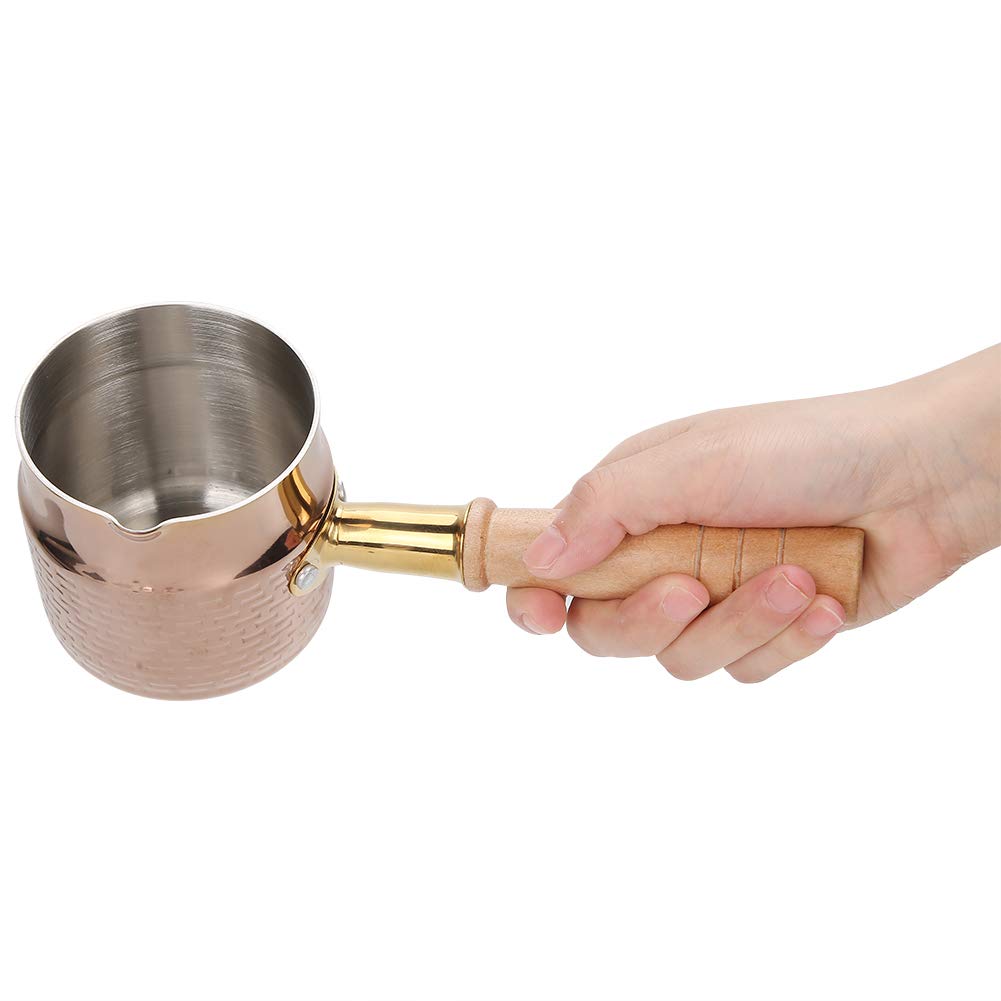 330ml Milk Pot Gold Stainless Steel Flat Bottom Butter Melting Pot with Wooden Handle, Mini Sauce Pan Coffee Warmer Pot for Chocolate Melting