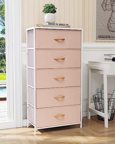 JOINHOM Dresser Storage Tower with Drawers, Fabric Tall Dresser Drawer for Bedroom, Office, Entryway, Living Room and Closet- Sturdy Steel Frame, Easy Pull Bins & Wooden Top