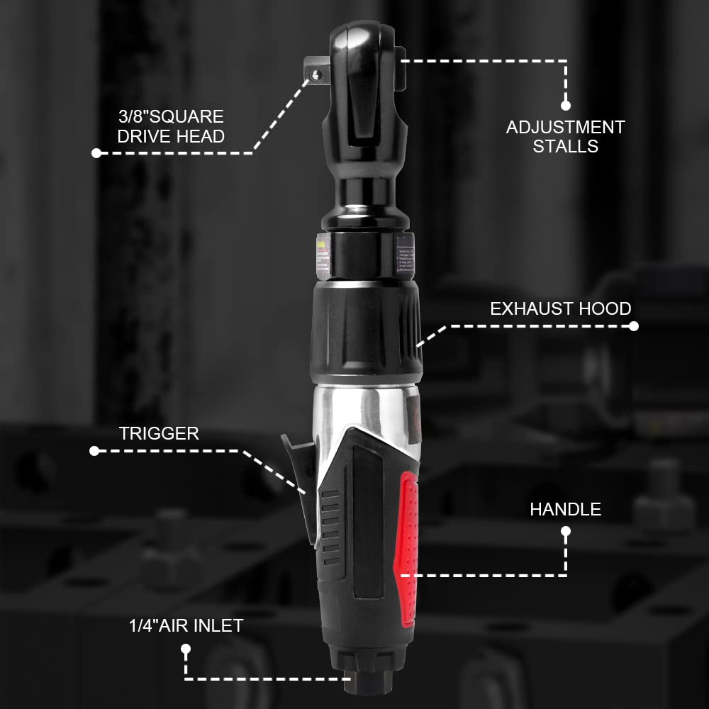 AEROPRO TOOLS 3/8" Professional Air Ratchet Wrench Set with 1/2" Drive Adapter, Pneumatic Impact Wrench for Auto Maintenance, Repair Work 50 Ft-Lbs