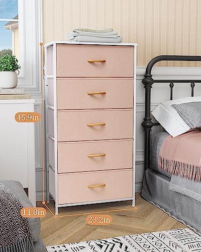 JOINHOM Dresser Storage Tower with Drawers, Fabric Tall Dresser Drawer for Bedroom, Office, Entryway, Living Room and Closet- Sturdy Steel Frame, Easy Pull Bins & Wooden Top