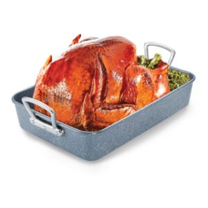 Roaster Pan with Rack Nonstick Roasting Baking Pan with Handle Carbon Steel Barbecue Baking Tray Pans for Roasting Turkey Chicken Vegetables Beef Seafood Pasta etc (15.7Inch)