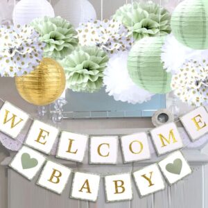 luckylibra Baby Shower Decorations,Welcome Baby Banners Paper Lantern Paper Flower Pom Poms（Sage Green Gold White）