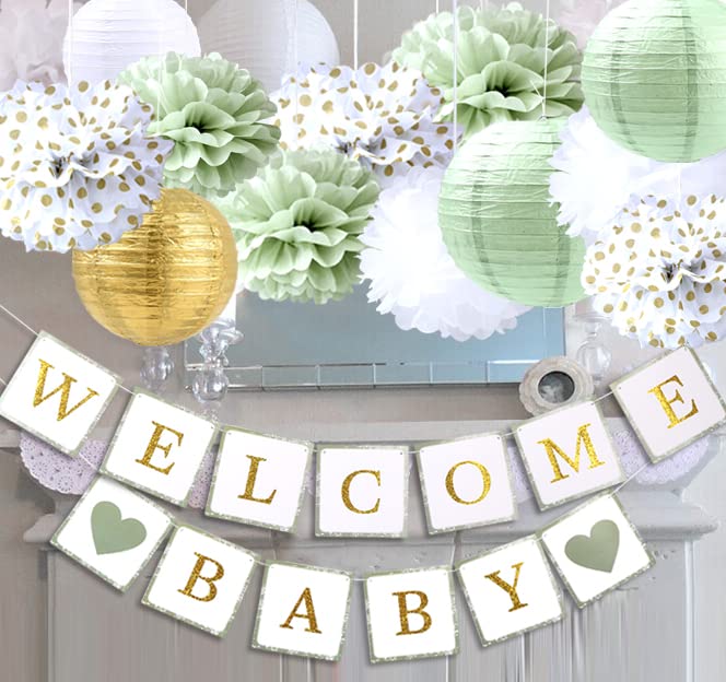 luckylibra Baby Shower Decorations,Welcome Baby Banners Paper Lantern Paper Flower Pom Poms（Sage Green Gold White）