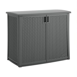 suncast lockable outdoor cabinet storage for patio, garden and backyard, 97 gal, cool gray