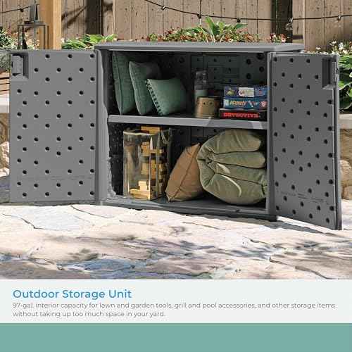 Suncast Lockable Outdoor Cabinet Storage for Patio, Garden and Backyard, 97 Gal, Cool Gray