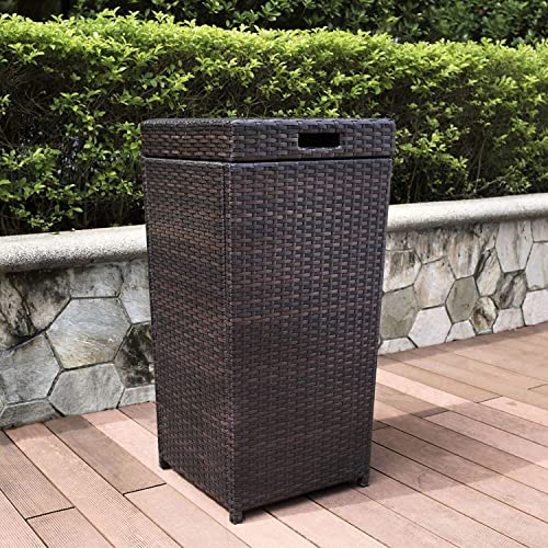 HomeStock Rustic Retreat Outdoor Wicker Trash Bin - Brown Finish, 16 x 16 x 31.5 inches, Manual Lift Lid, Sturdy Steel and Wicker Construction, Modern Patio/Lawn/Porch Trash Bin Brown