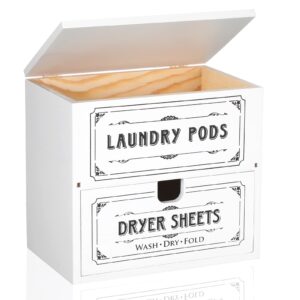 farmhouse dryer sheet holder with hinged lid, rustic wooden dryer sheet dispenser and laundry pods container, laundry sheet storage box fabric softener dispenser for laundry room decor (white)