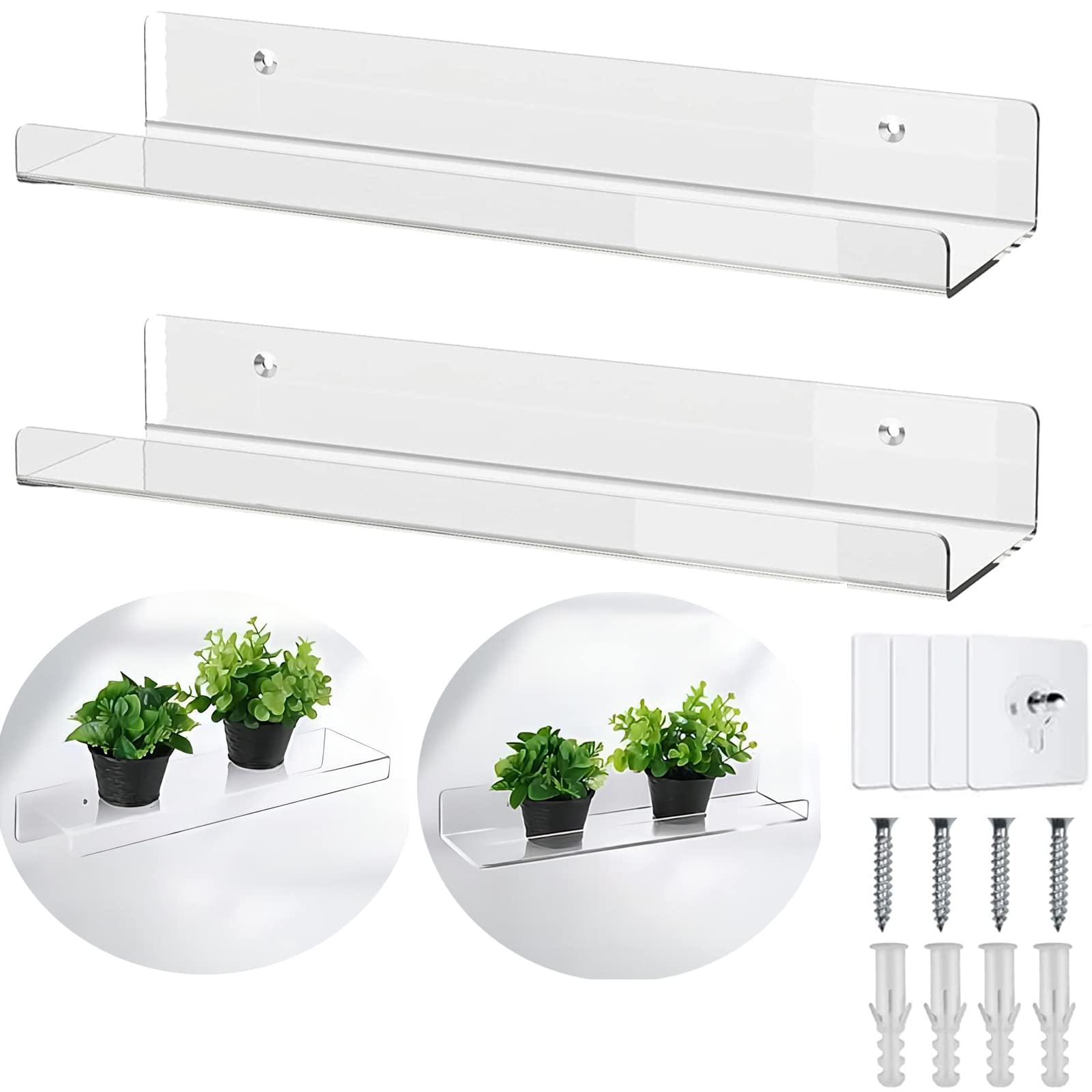 WANLIAN 2 Pack Acrylic Floating Shelves, Clear Wall Mounted Floating Shelf, 12 Inch Acrylic Shelves, for Bathroom, Bedroom, Living Room, Office, Kitchen Spice Rack Picture Ledge Shelf