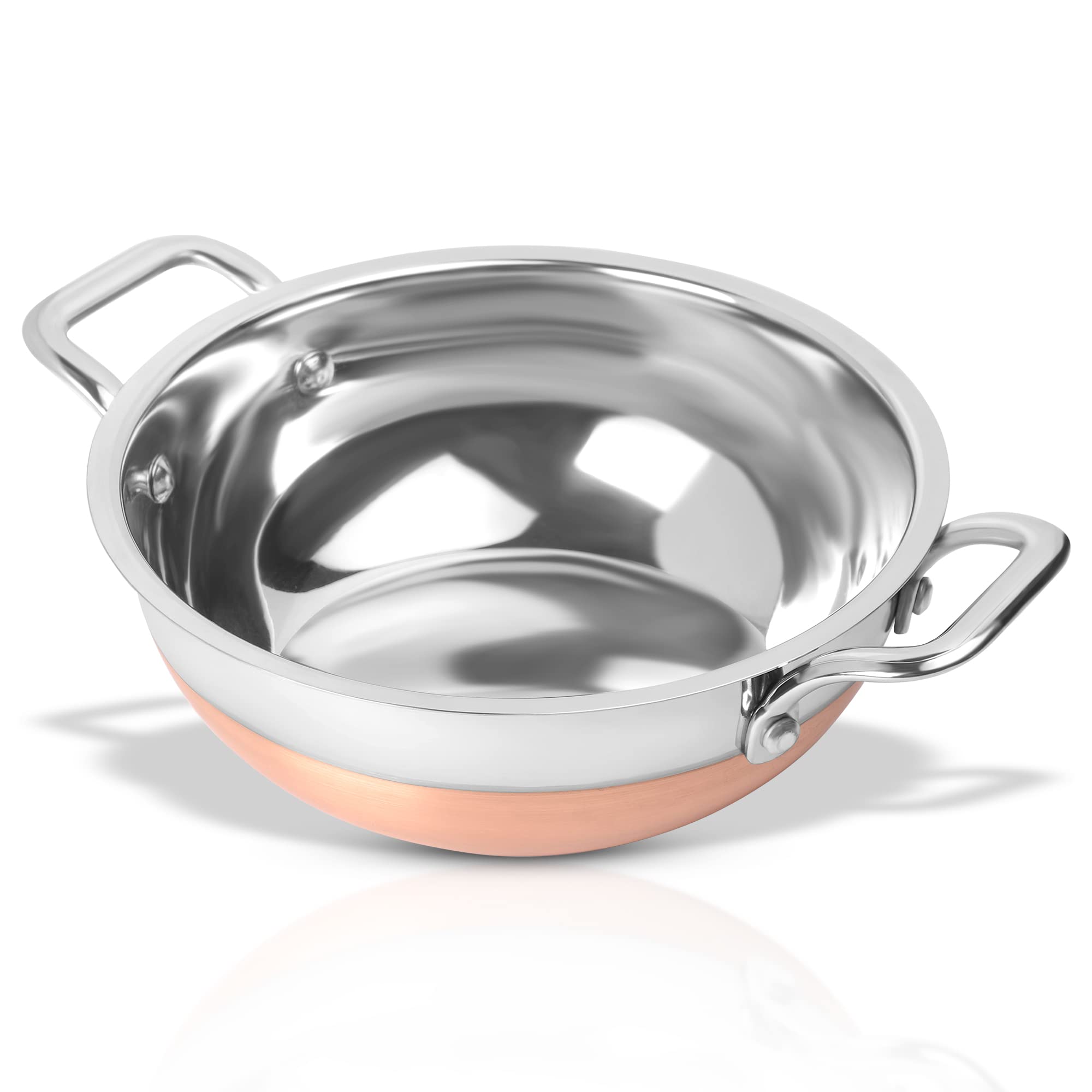 KSJONE 2 and 2.5 Quart Stainless Steel Kadai with Copper Bottom | Premium Heavy Gauge Steel Kadai | Indian Kadhai for Cooking | Ideal for Daily Use (2 Quart)