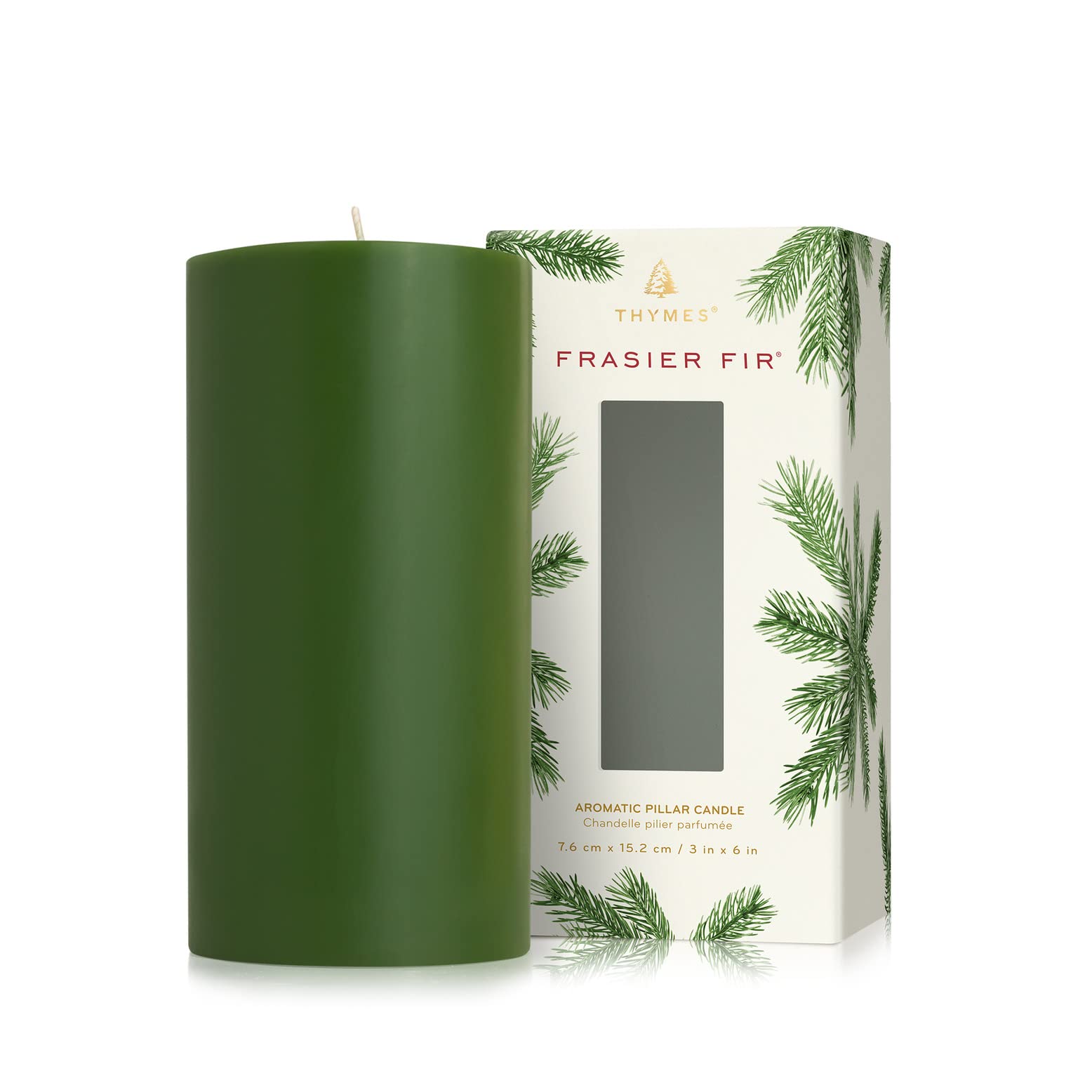 Thymes Frasier Fir Pillar Candle - Place on Candle Holder - Winter & Fall Candles with a Luxury Home Fragrance - Highly Scented Candles (3 x 6 Pillar)