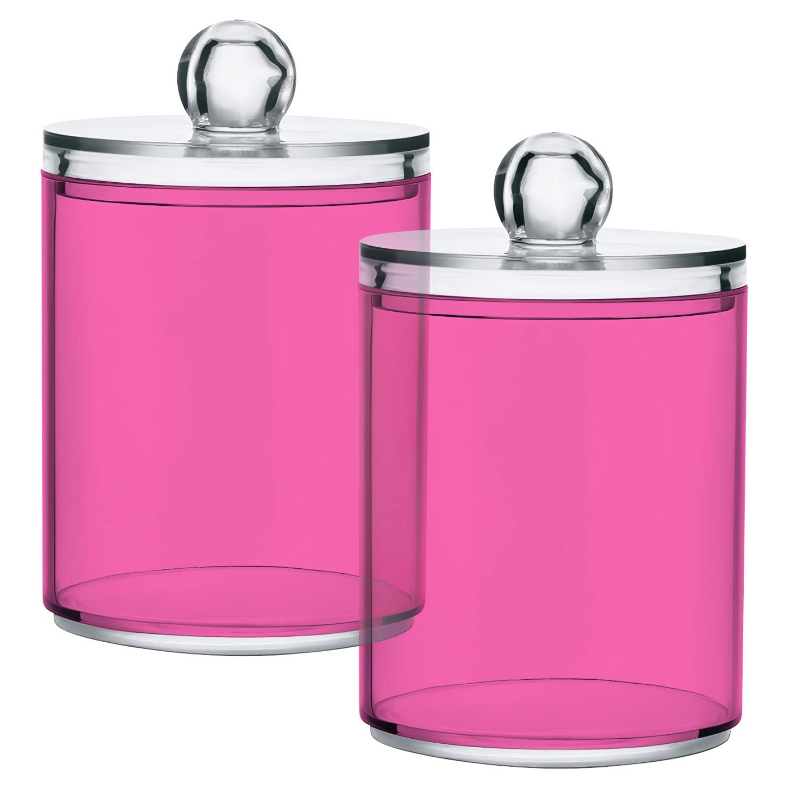 Gredecor 2 Pack Qtip Holder Clear Hot Pink Apothecary Jars with Lids Plastic Acrylic Bathroom Jars Vanity Countertop Canister Storage Organizer for Cotton Ball,Swabs,Pads,Floss