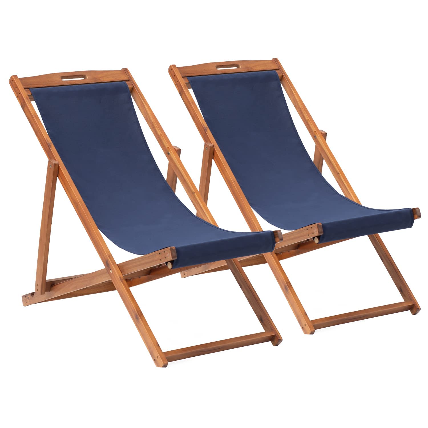 Yewuli Patio Lounge Chair Outdoor Beach Sling Chair Set of 2, Wooden Reclining Patio Chairs Foldable Beach Chairs with Polyester Canvas &Solid Wood Frame Patio Furniture, Blue