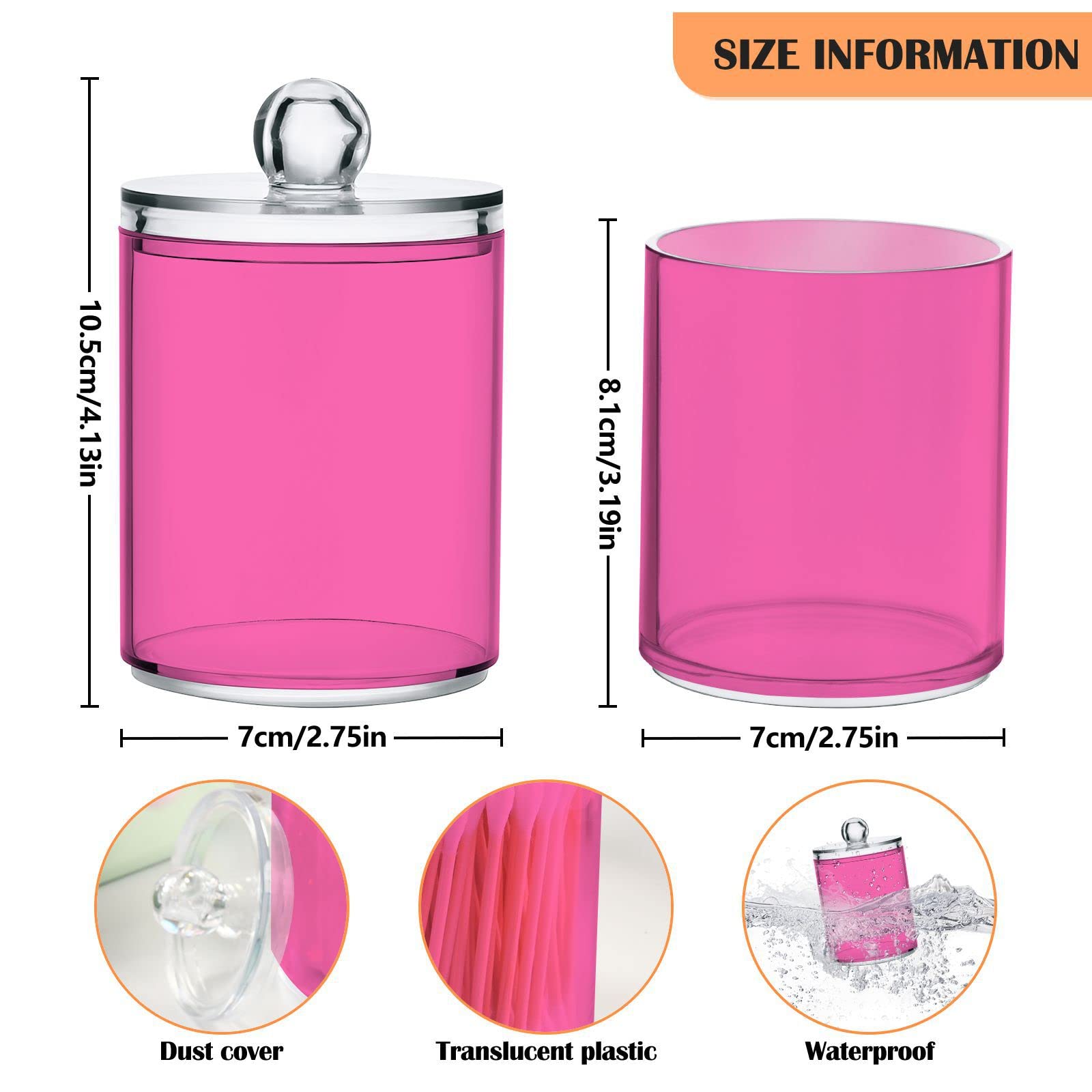 Gredecor 2 Pack Qtip Holder Clear Hot Pink Apothecary Jars with Lids Plastic Acrylic Bathroom Jars Vanity Countertop Canister Storage Organizer for Cotton Ball,Swabs,Pads,Floss