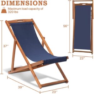 Yewuli Patio Lounge Chair Outdoor Beach Sling Chair Set of 2, Wooden Reclining Patio Chairs Foldable Beach Chairs with Polyester Canvas &Solid Wood Frame Patio Furniture, Blue