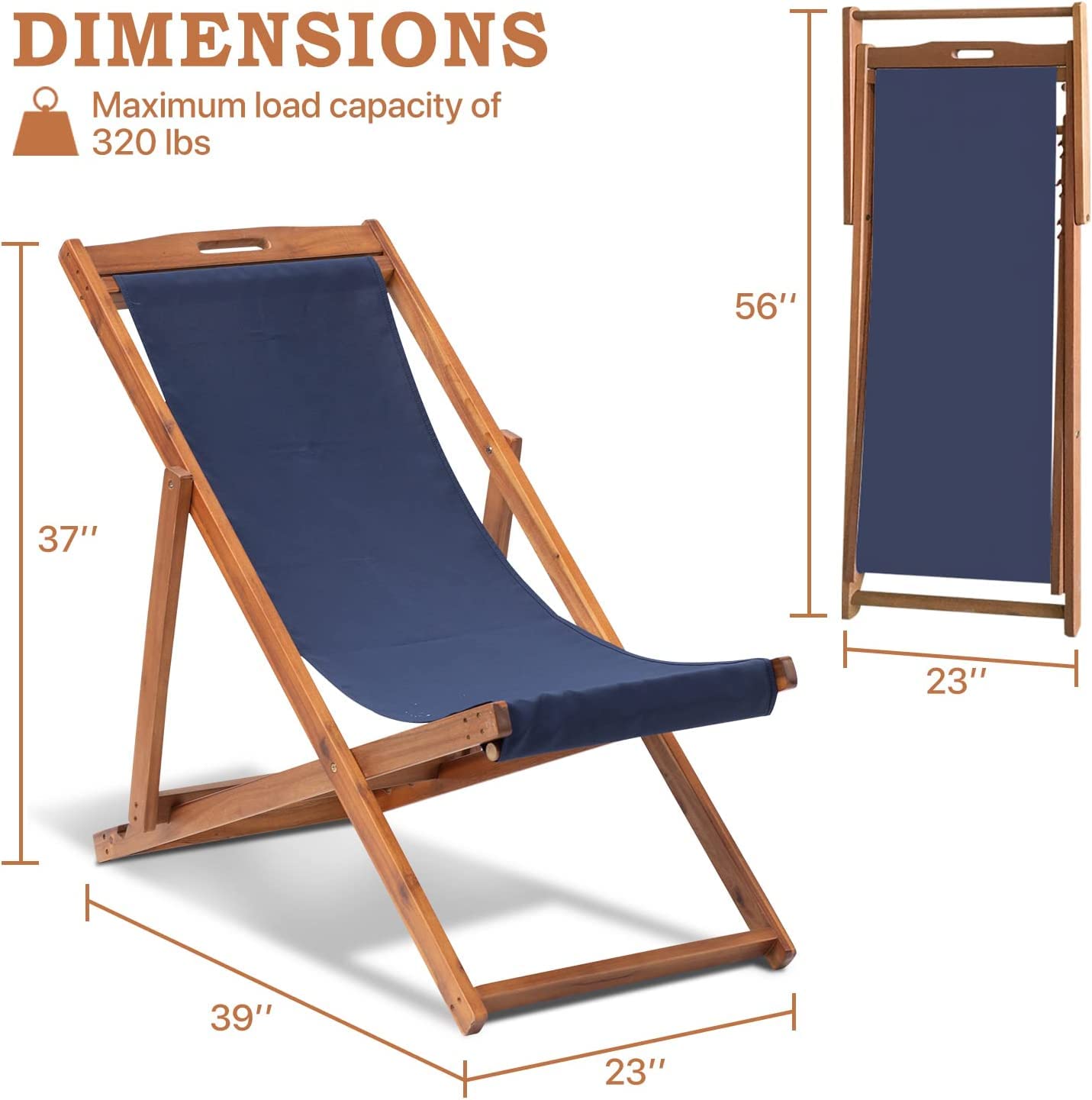 Yewuli Patio Lounge Chair Outdoor Beach Sling Chair Set of 2, Wooden Reclining Patio Chairs Foldable Beach Chairs with Polyester Canvas &Solid Wood Frame Patio Furniture, Blue