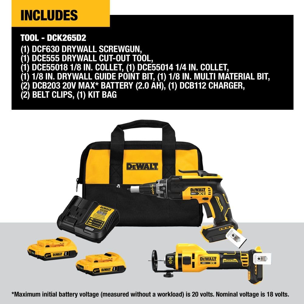 DEWALT 20V MAX XR Brushless Drywall Screw Gun and Cut-Out Tool Combo Kit with 2 Batteries and Charger Included (DCK265D2)