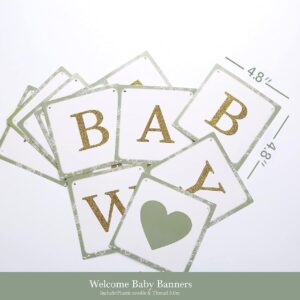 luckylibra Baby Shower Decorations,Welcome Baby Banners Paper Lantern Paper Flower Pom Poms（Sage Green Gold White）