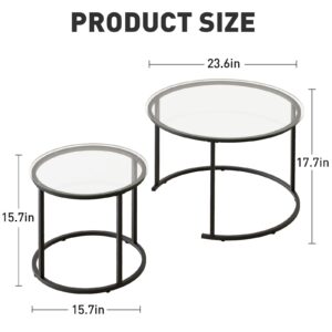 Azheruol Nesting Coffee Table Set of 2,Modern Black Tempered Glass Side Table, Metal Frame Round End Table.Small Glass Tea Table for Living Room,Bedroom Studio Apartment Essentials，17.7IN