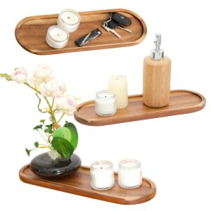 Set of 3 Plates Bathroom Vanity Wood Trays for Home Decor - for Counter Wood Small Decorative Tray, Kitchen Soap Tray,Comestic Holder Bathtub Organizer (14 x 4.7 inches