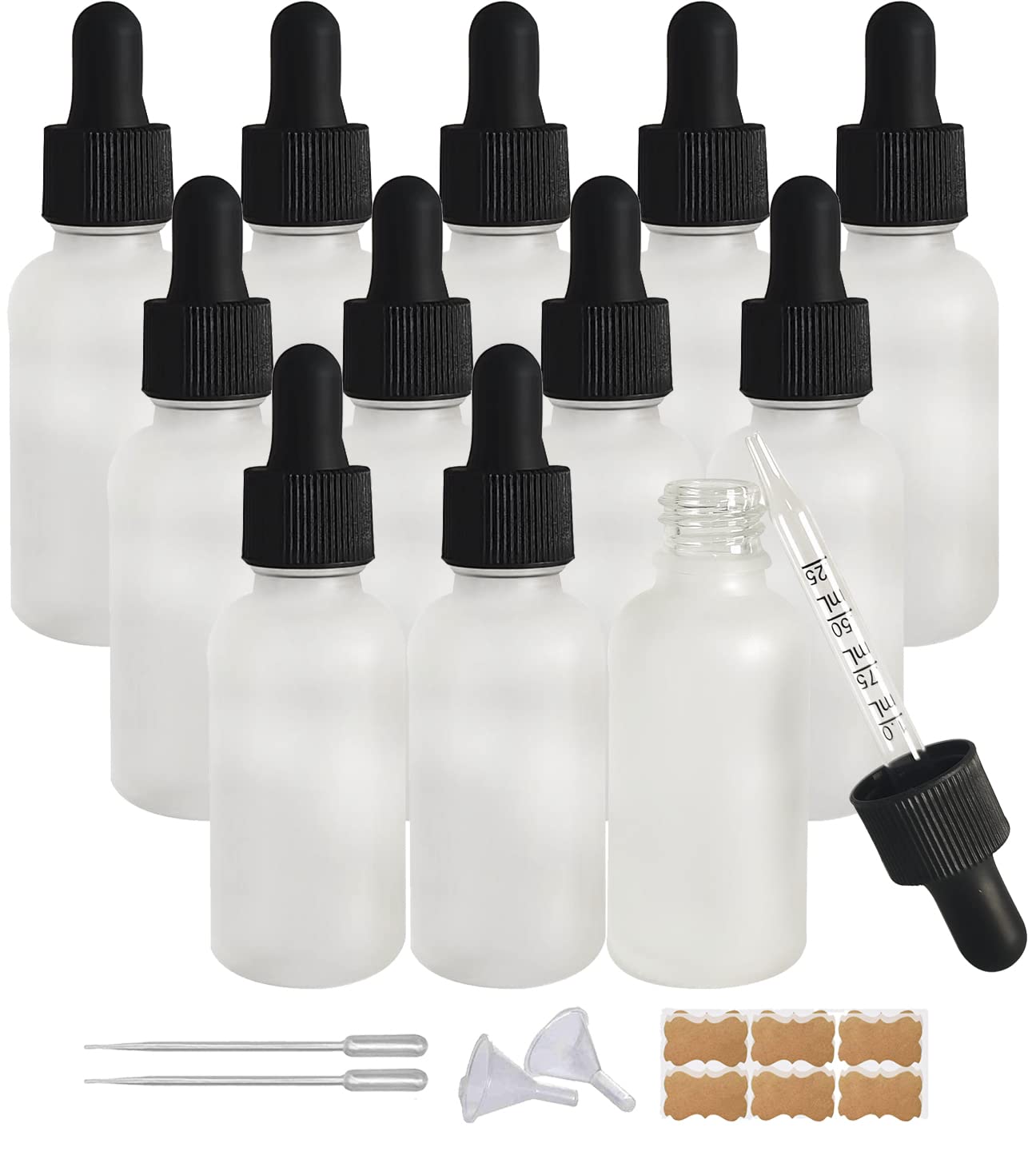 BEGIKET 12 PCS 1 oz Frosted Glass Dropper Bottle,30ml Clear Frosted Essential Oil Bottle with Glass Eye Droppe,for Tincture Bottle, Hair Oil and Other Liquids, Perfume Travel Container