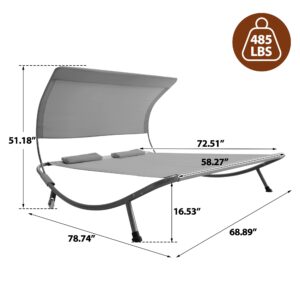 QZEN Double Chaise Lounge Bed with Canopy & Headrest Pillow, Outdoor Patio Daybed with Wheelsfor Beach, Backyard, Lawn, Garden, Courtyard (Grey)