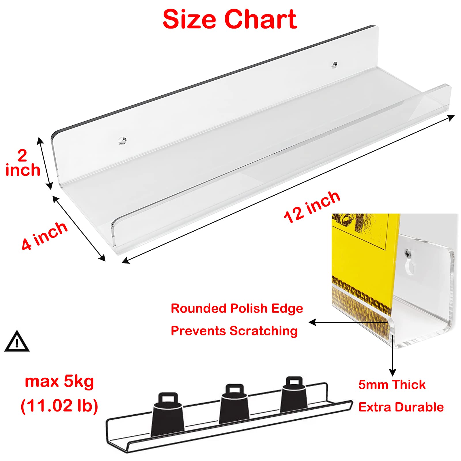 WANLIAN 2 Pack Acrylic Floating Shelves, Clear Wall Mounted Floating Shelf, 12 Inch Acrylic Shelves, for Bathroom, Bedroom, Living Room, Office, Kitchen Spice Rack Picture Ledge Shelf