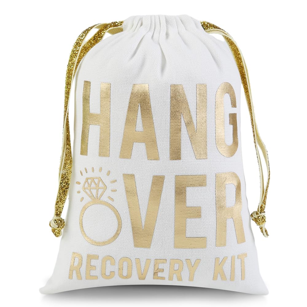 SHERWAY Gold Foiled Hangover Kit Bags Wedding Party Favor Bags for Bachelorettes Party Drawstring Bridesmaid Gift Bags (10pcs, White, 5 x 7 Inch)