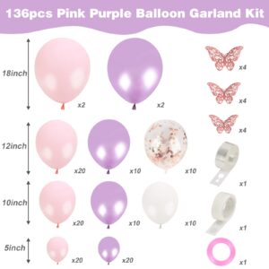 RUBFAC 136pcs Pink Purple Balloon Garland Kit, Butterfly Pink Purple Rose Gold Confetti Latex Balloons for Wedding Bridal Baby Shower Princess Theme Party Decorations