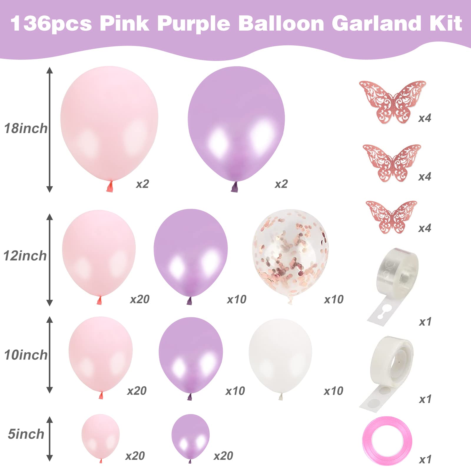 RUBFAC 136pcs Pink Purple Balloon Garland Kit, Butterfly Pink Purple Rose Gold Confetti Latex Balloons for Wedding Bridal Baby Shower Princess Theme Party Decorations