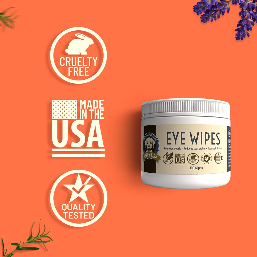 PUPPY LISA Dog Eye Wipes - Tear Stain Remover Hypoallergenic Made in The US Natural Eye Wipes for Dogs, Non-Irritant - with Aloe and Chamomile - Eye Wipes for Small Dogs for Discharge and Crust