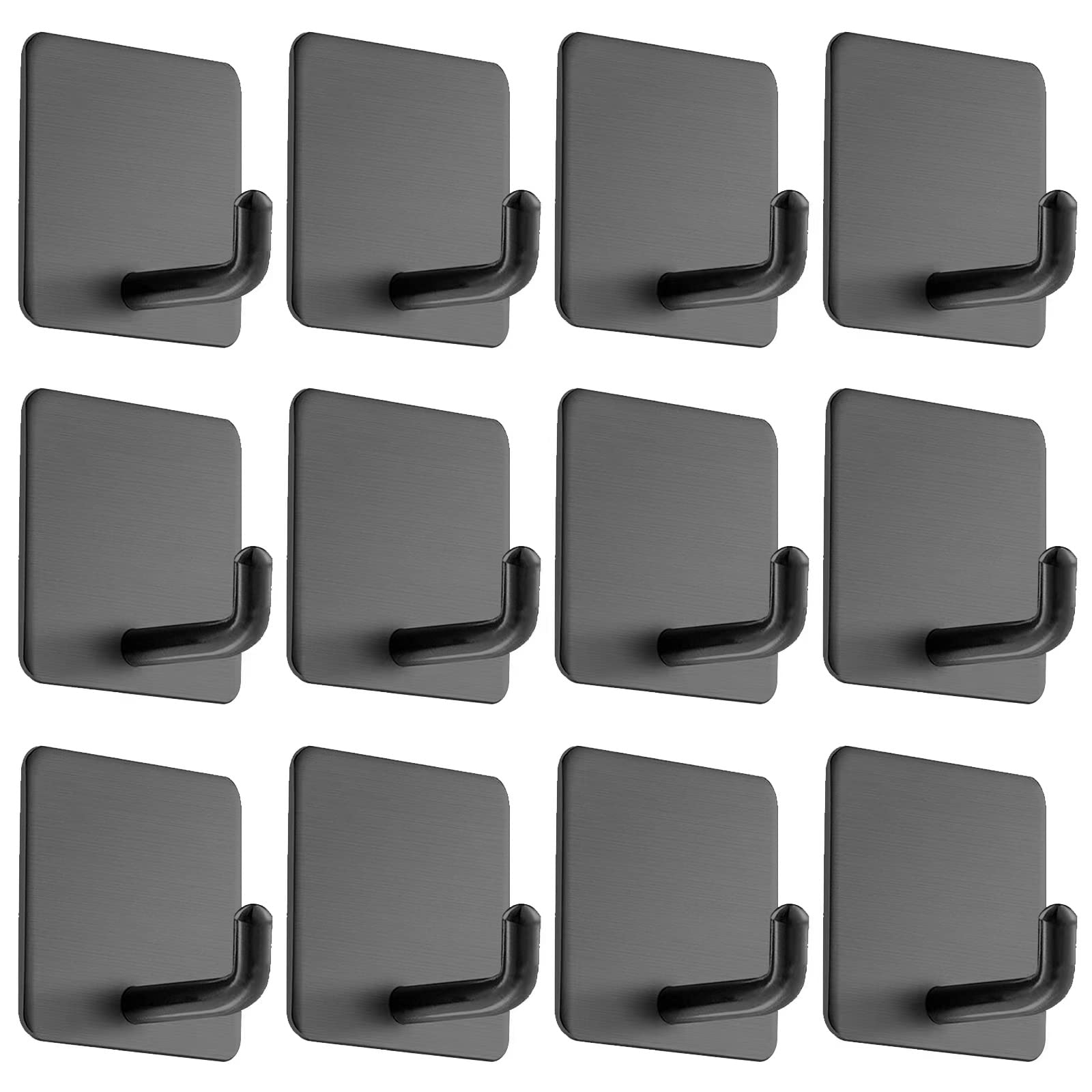 bonhams Self Adhesive Towel Hooks, 12 Pcs Heavy Duty Decorative Wall Shower Hooks Waterproof Stainless Steel for Kitchen Bathroom Office Home Decor (Black)