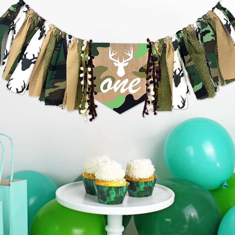 XCKALI Jungle Hunting High Chair Birthday Theme Banner 1st Birthday High Chair One Banner Camouflage Decoration High Chair Party Baby Shower Banner