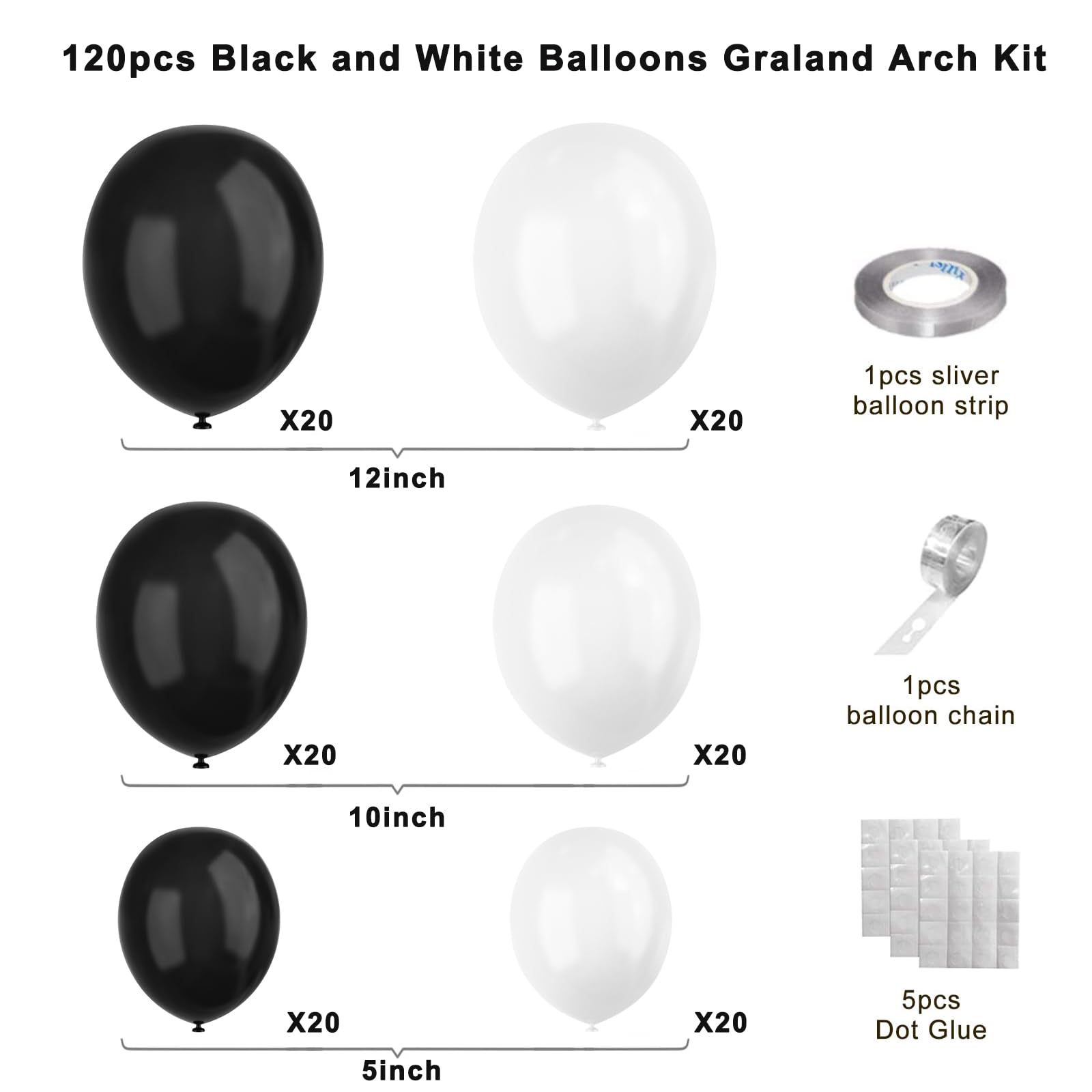 Black and White Balloons, 120pcs White Black Balloon Graland Arch Kit for Birthday Party, Graduation,Bridal Shower, Weddings Decoration