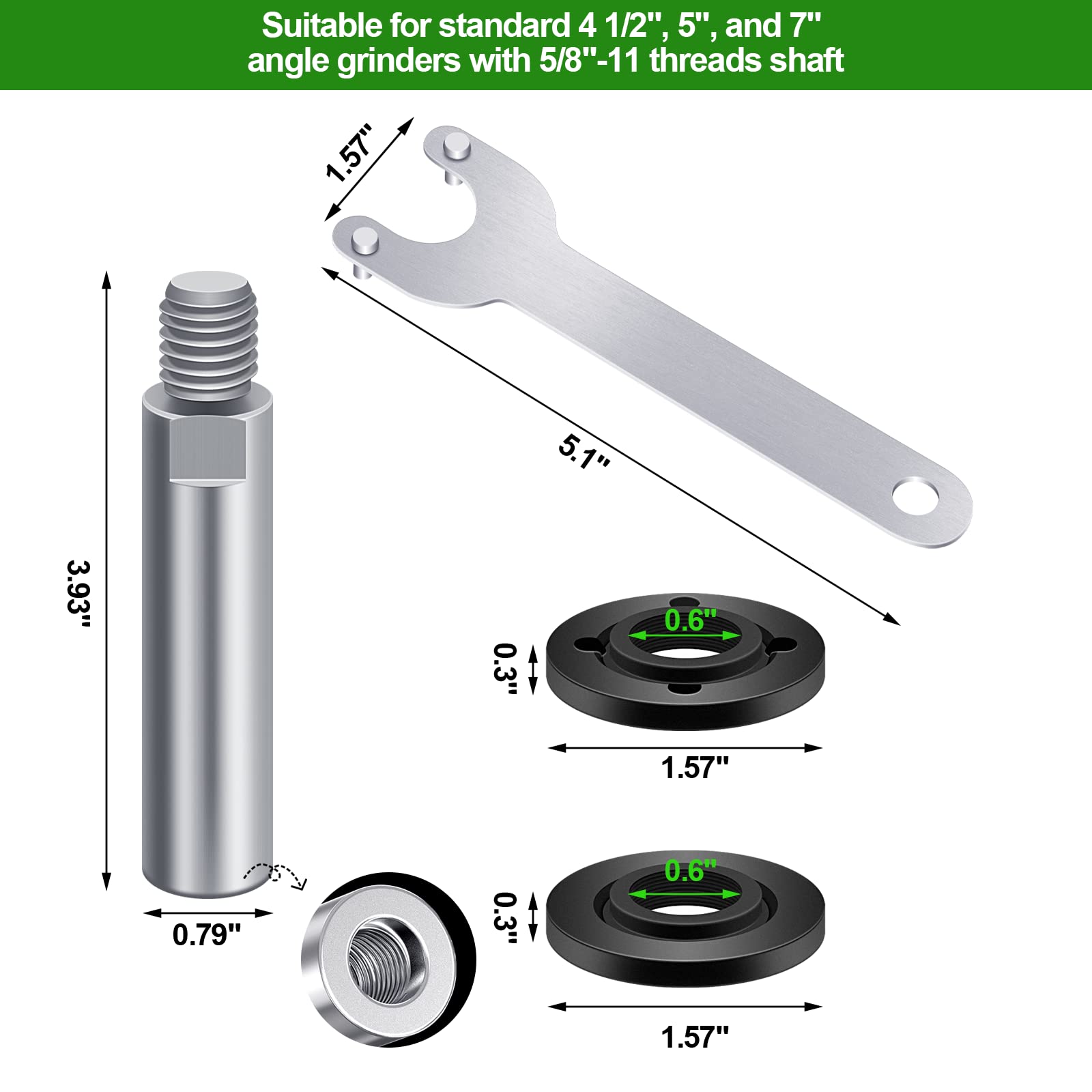 5 Pack Angle Grinder Attachments, 5/8-11 Locknut Grinder Spanner Wrench Flange Nut and 2Pcs 100mm Extension Shaft, Grinder Power Tools Parts Compatible with Makita Black Decker Ryobi Bosch Dewalt