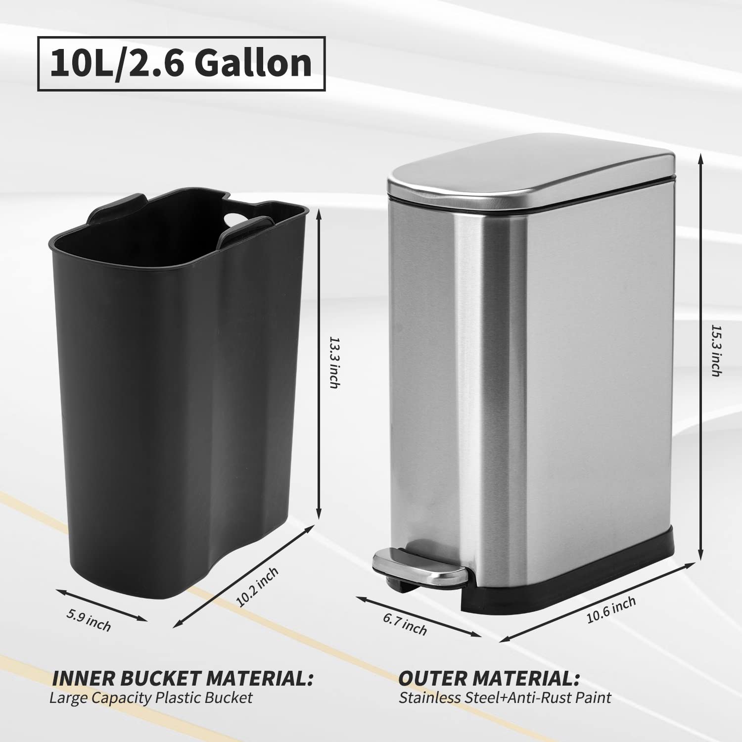 Small Bathroom Trash Can with Lid-10L/2.6 Gal Stainless Steel Garbage Can-Slim Metal Wastebasket-Rectangle Step Garbage Container Bin for Narrow Office, Kitchen, Bedroom, Toilet-Soft Close-Silver