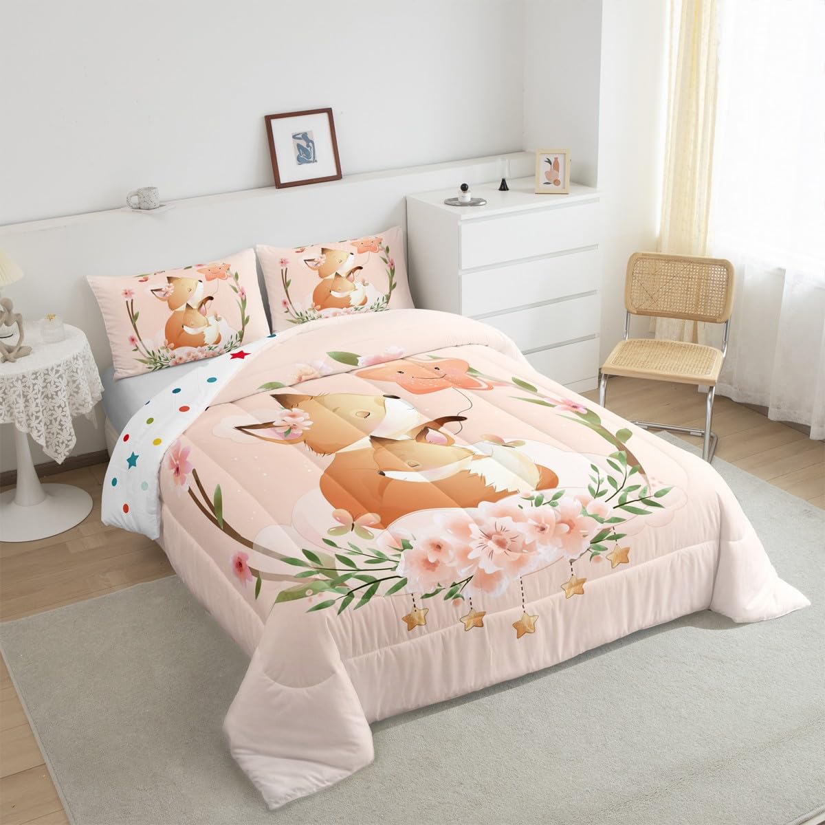 Erosebridal Kids Fox Comforter Set Twin for Girls Boys Woodland Animal Bedding Set, Pink Flower Bedding Comforter Sets Cute Stars Duvet Insert, Kawaii Jungle Wildlife Quilted Duvet Butterfly Decor