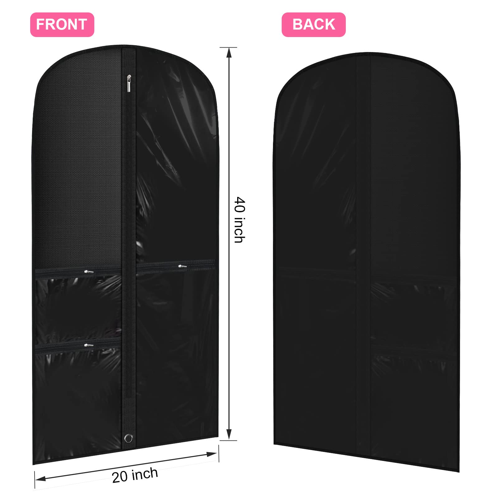 Woanger 6 Pcs Garment Bags for Dance Costumes 20'' x 40'' Clear PVC with Zippers Garment Bag with Pockets Dance Costume Organizer Costume Carrier for Storage Garment Covers for Adults Kids (Black)