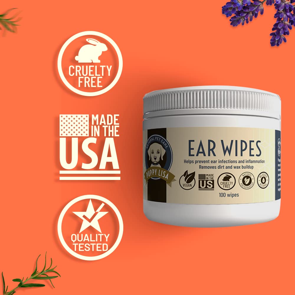 PUPPY LISA Dog Ear Cleaner Wipes - Made in The US, Alcohol Free, Non-Irritant Solution - with Aloe Vera and Witch Hazel - Ear Wipes for Dogs to Prevent Ear Infection - Pet Ear Wipes to Remove Dirt