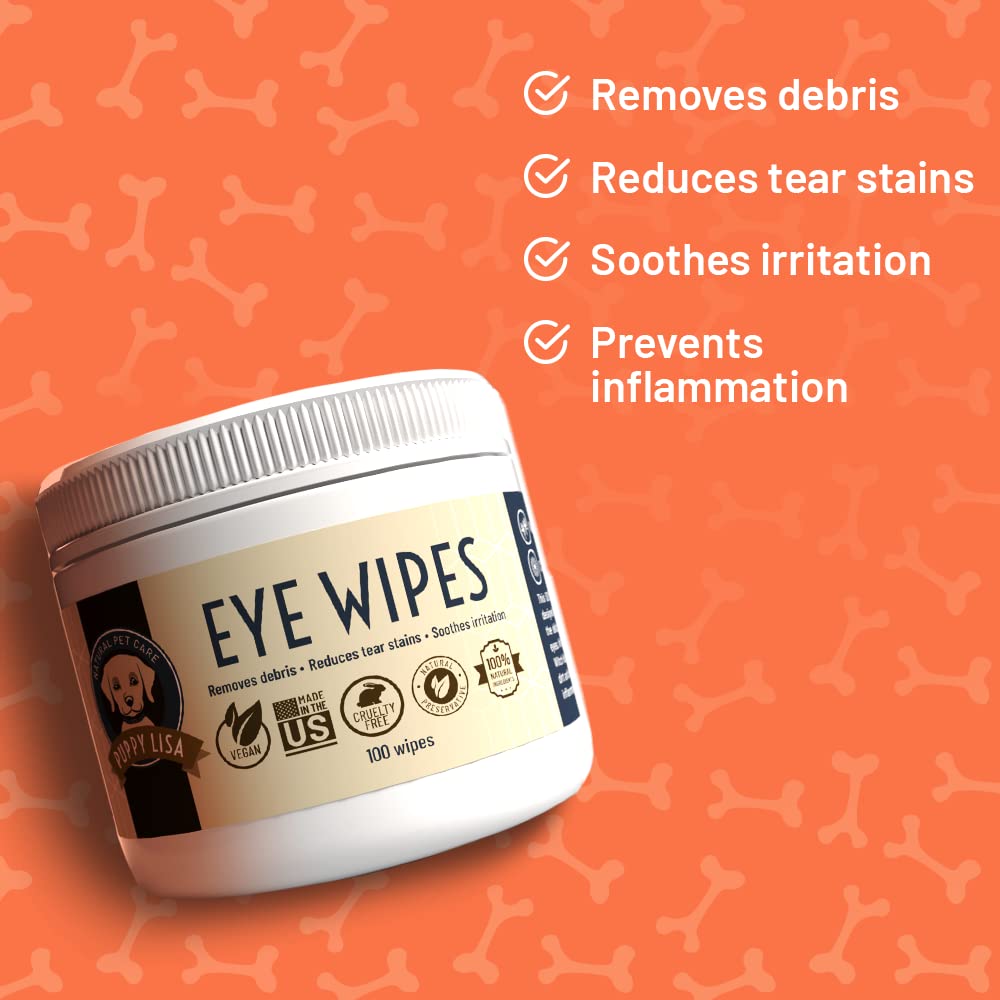 PUPPY LISA Dog Eye Wipes - Tear Stain Remover Hypoallergenic Made in The US Natural Eye Wipes for Dogs, Non-Irritant - with Aloe and Chamomile - Eye Wipes for Small Dogs for Discharge and Crust