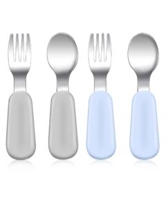 4 pcs toddler utensils, stainless steel toddler silverware set with round handle, baby forks for self feeding, 2 toddler forks and 2 toddler spoons, bpa free