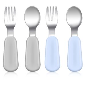 4 pcs Toddler Utensils, Stainless Steel Toddler Silverware Set with Round Handle, Baby Forks for Self Feeding, 2 Toddler Forks and 2 Toddler Spoons, BPA Free