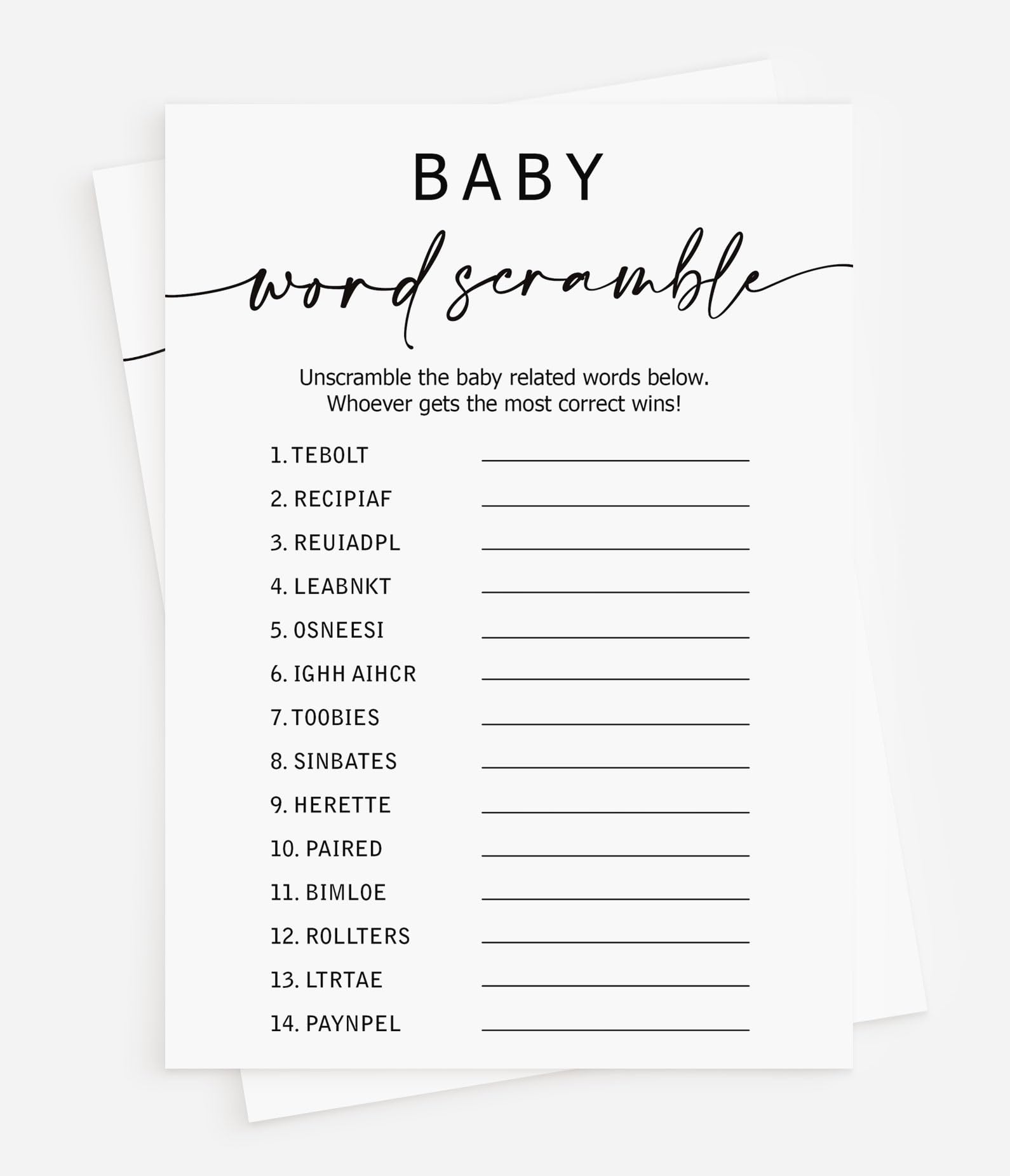 All Ewired Up 50 Baby Shower Word Scramble Game (50-Cards) Fun Baby Shower Game Activity, Gender Neutral Boy or Girl, Minimalist