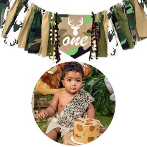 XCKALI Jungle Hunting High Chair Birthday Theme Banner 1st Birthday High Chair One Banner Camouflage Decoration High Chair Party Baby Shower Banner