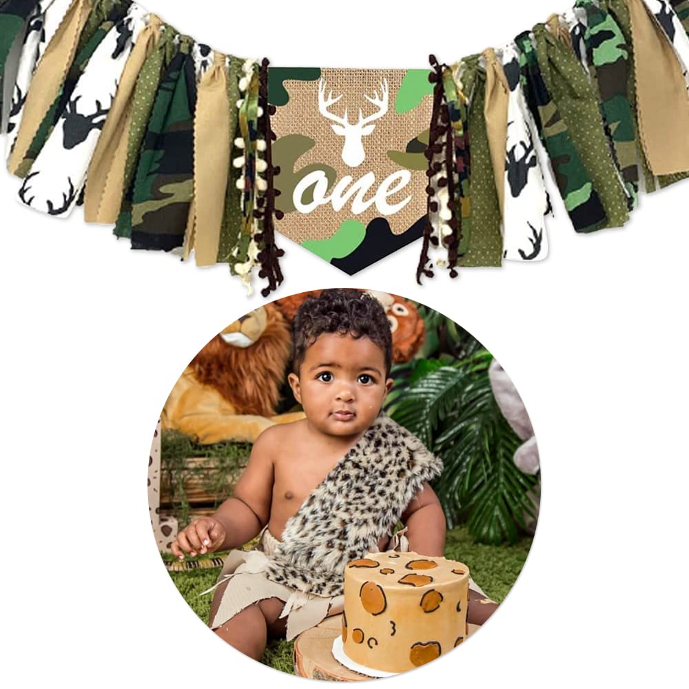 XCKALI Jungle Hunting High Chair Birthday Theme Banner 1st Birthday High Chair One Banner Camouflage Decoration High Chair Party Baby Shower Banner