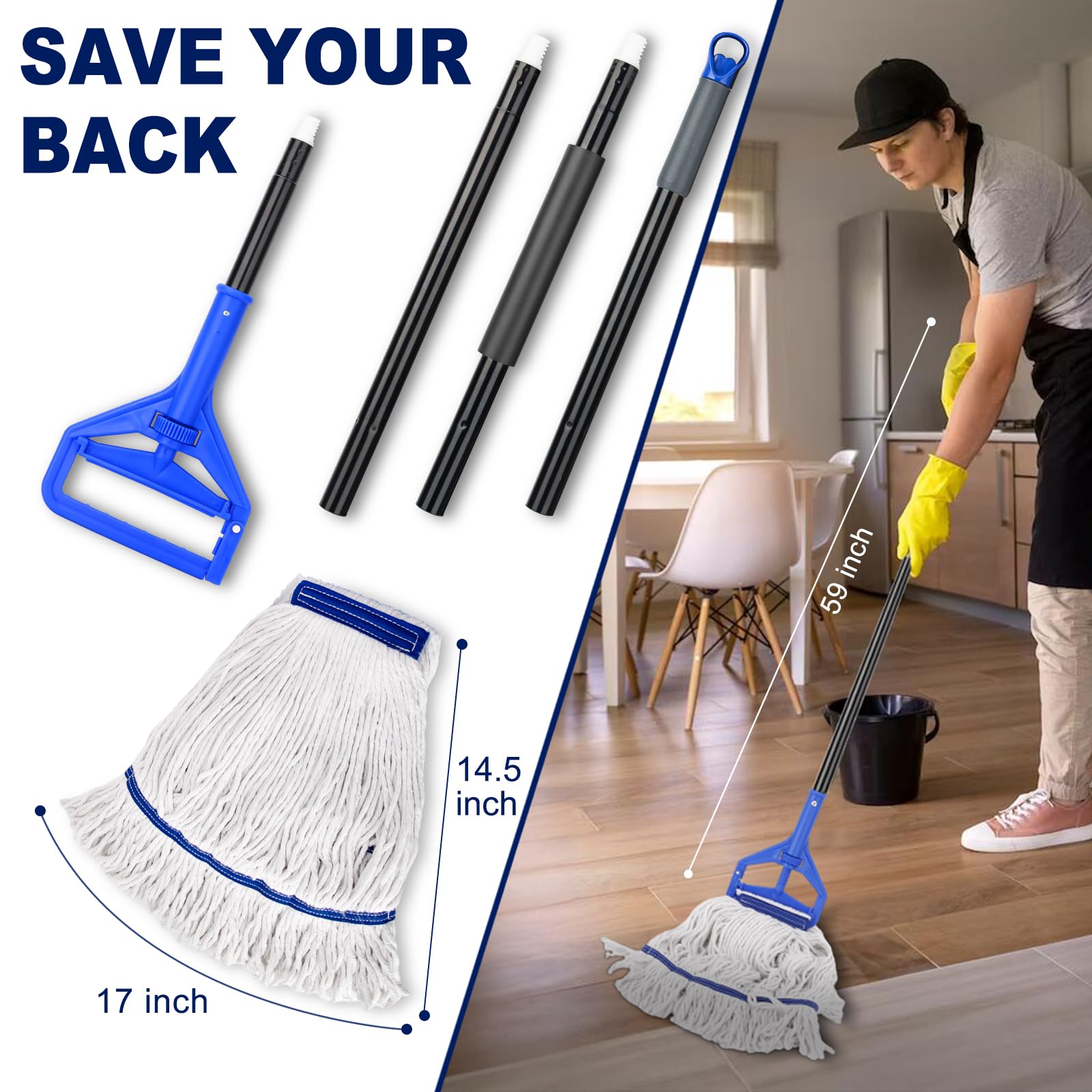 Loop-End String Mop Heavy Duty Commercial Industrial Mops with 2 Extra Mop Heads Replacement, 59 Inch Cotton Wet Mop for Floor Cleaning