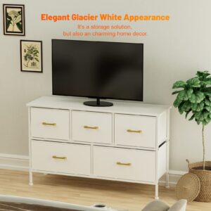 YILQQPER Dresser for Bedroom with 5 Drawers, White Dresser for Closet, Living Room, TV Stand, Nursery, Chest of Drawers with Sturdy Steel Frame, Leather Finish, Wood Top (Glacier White)