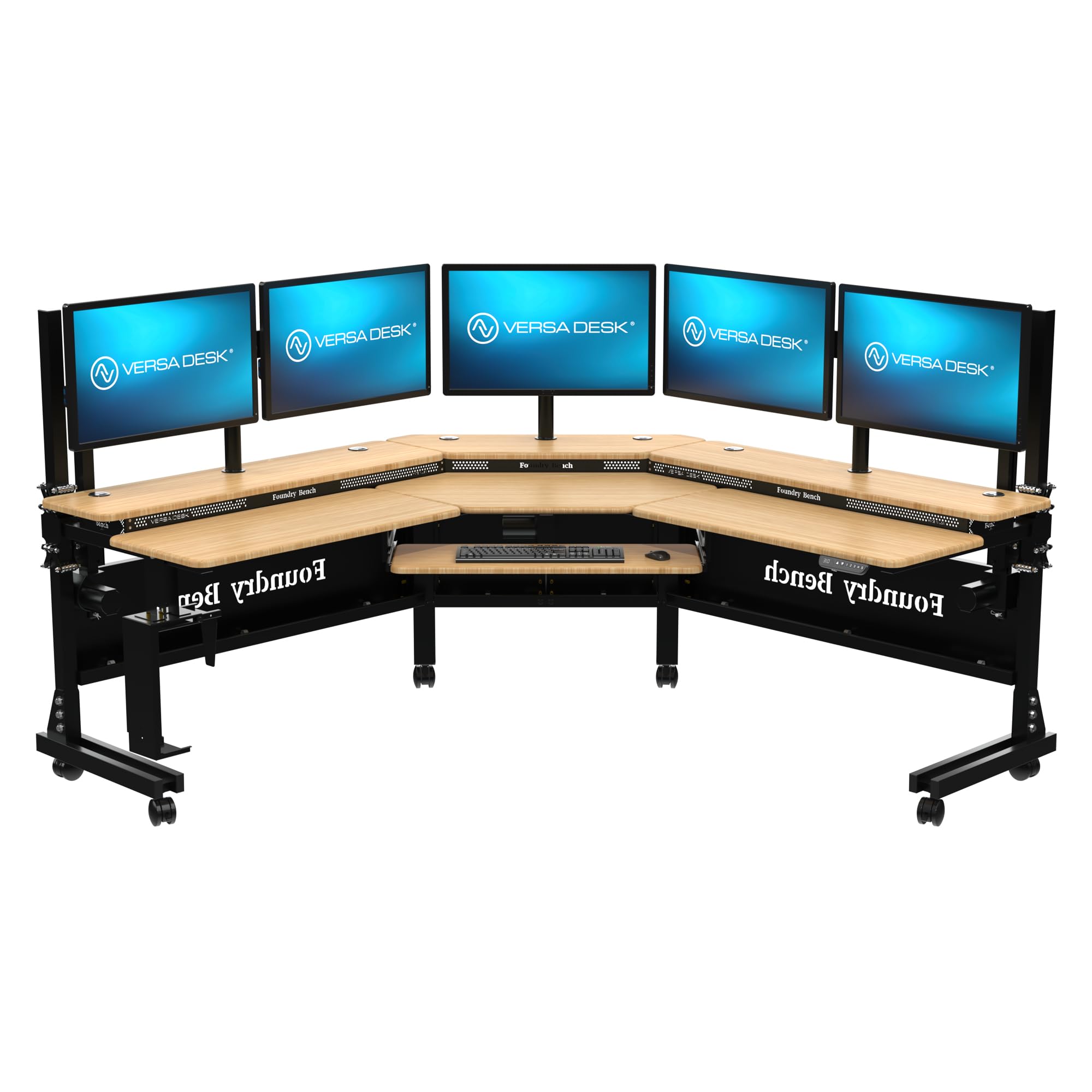 VERSADESK® Foundry Bench 80" x 80" Extra Wide L-Shaped Split-Level Corner Standing Desk | Electric Height Adjustable. 1" Bamboo Surface. USB & USBC Charging Ports. Mobile App Controllable.